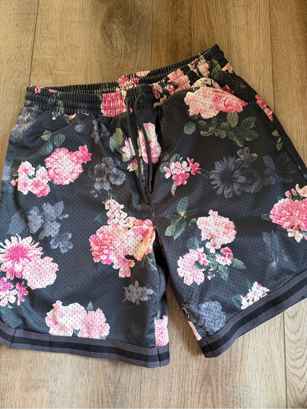 Original Use Black Floral Athletic Shorts with Pink Accents